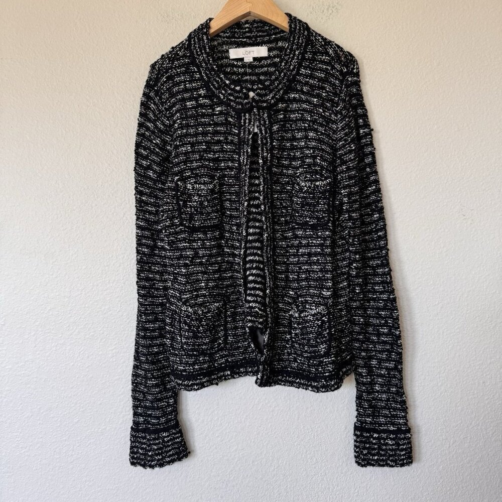 LOFT Sweater Womens Medium Black White Knit Cardigan Casual Ladies